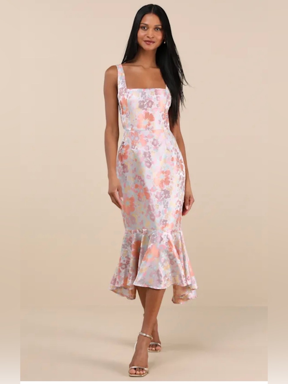 Lulus Boudicca Light Mauve Floral Jacquard Lace-Up Trumpet Midi Dress Sz S